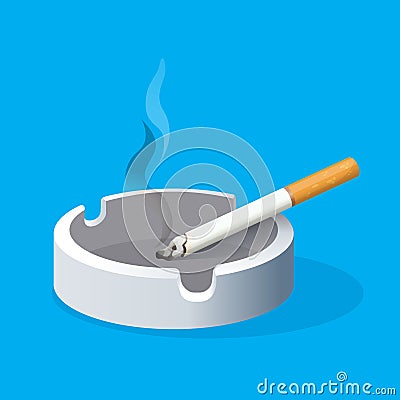 Ashtray with lighted cigarette on blue background. Smoking Vector Illustration