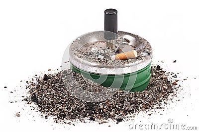 Ashtrays, butts and ashes on a white background Stock Photo