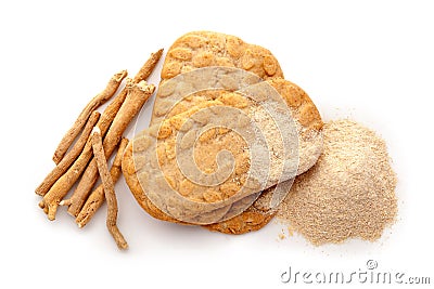 Ashwagandha cookies with roots and powder Stock Photo