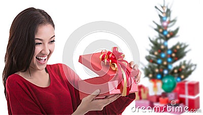 Asia Beautiful girl with gift christmas decorated background Stock Photo