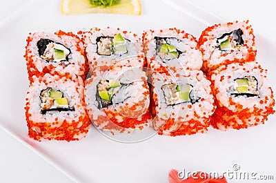 Asia. California rolls with eel on a white plate on a white back Stock Photo