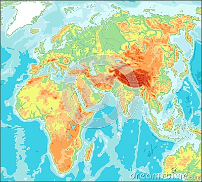 Asia centered Physical World Map Vector Illustration