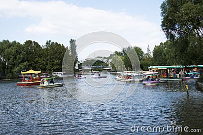 In Asia, China, Beijing, Chaoyang Park, the lake, boat, bridge, the scenery Editorial Stock Photo