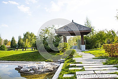 Asia China, Beijing, Garden Expoï¼ŒGarden landscape and architecture, wooden pavilion Editorial Stock Photo