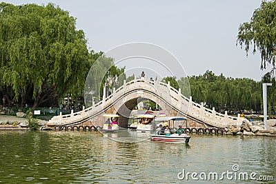 Asia China, Beijing, Longtan Lake Park, Summer landscape, Lake, stone bridge Editorial Stock Photo