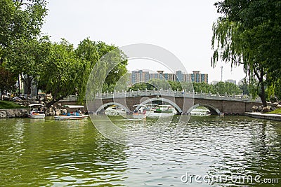 Asia China, Beijing, Longtan Lake Park, Summer landscape, Lake, stone bridge Editorial Stock Photo