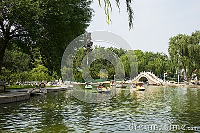 Asia China, Beijing, Longtan Lake Park, Summer landscape, Lake, stone bridge Editorial Stock Photo