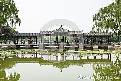 Asia China, Beijing, Longtan Lake Park, Summer landscape, Lake view, the long corridor Editorial Stock Photo