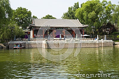 Asia China, Beijing, Longtan Lake Park, Summer landscape, Lake view, waterside pavilion Editorial Stock Photo