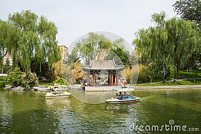 Asia China, Beijing, Longtan Lake Park, Summer landscape, Waterside Pavilion, cruise ship Editorial Stock Photo