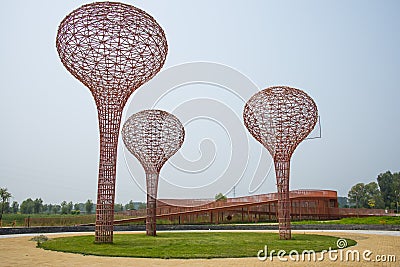 Asia China, Beijing, Yanqing, world wine expo, modern architectureï¼ŒLandscape sculpture, wine bottle Editorial Stock Photo