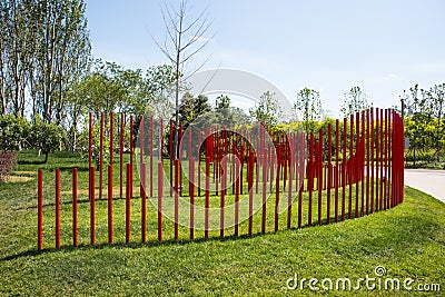 Asia China, Wuqing, Tianjin, Green Expo, the park landscape, A wall of red PVC tubes. Stock Photo