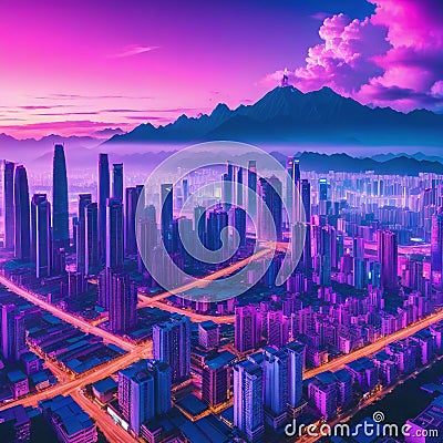 asia city town Retrowave vaporwave cyberpunk pink Graphic Art Cartoon Illustration