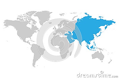 Asia continent blue marked in grey silhouette of World map. Vector Illustration