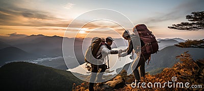 Asia couple helping each other hike up a mountain at sunrise active fit lifestyle concept Stock Photo