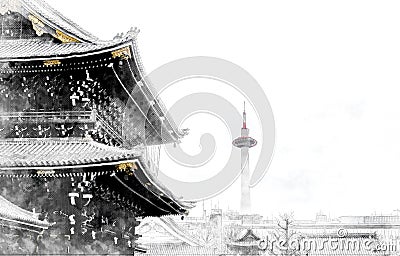 Traditional temple Hongan-ji mix hand drawn sketch illustration Cartoon Illustration