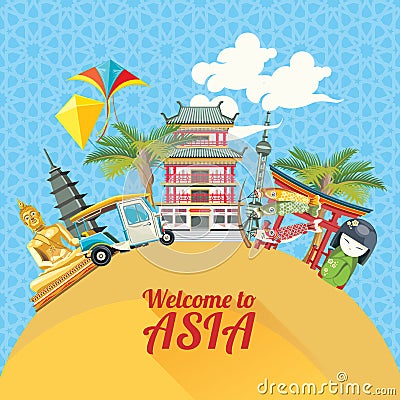 Asia detailed poster with cute objects. Vector Illustration