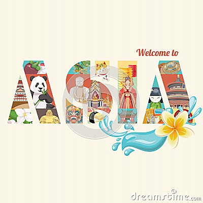 Asia detailed poster with retro text Asia. Vector Illustration