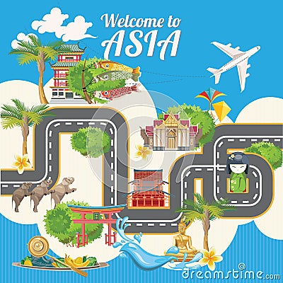 Asia detailed poster with road. Vector Illustration