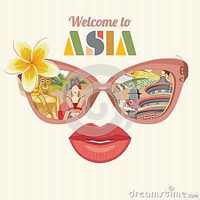 Asia detailed poster with sunglasses. Vector Illustration