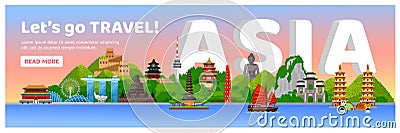 Asia detailed web horizontal poster. Travel composition with famous asian landmarks and large volume letters. Vector Illustration