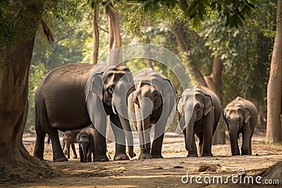 Asia Elephants family walking in the natural park, Animal wildlife habitat in the nature forest, beautiful of life, massive body Stock Photo