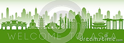 Asia famous landmark green silhouette design Vector Illustration