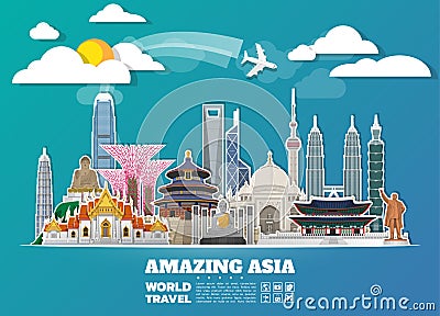 Asia famous Landmark paper art. Global Travel And Journey Infographic. Vector Flat Design Template.vector/illustration.Can be use Vector Illustration