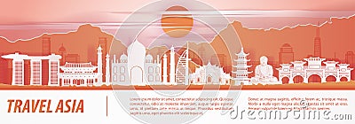 Asia famous landmark paper art with orange red color design Cartoon Illustration