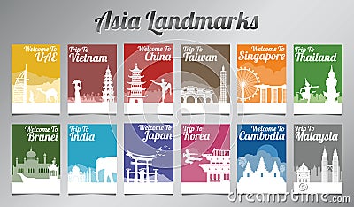 Asia famous landmark in silhouette design with multi color style Vector Illustration