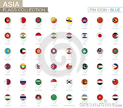 Asia flags collection. Big set of blue pin icon with flags Vector Illustration