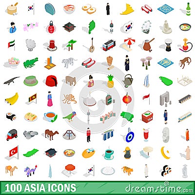 100 asia icons set, isometric 3d style Vector Illustration