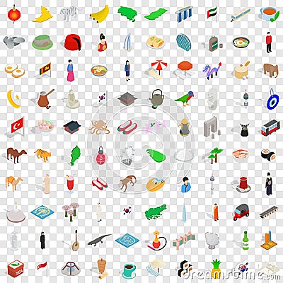 100 asia icons set, isometric 3d style Vector Illustration