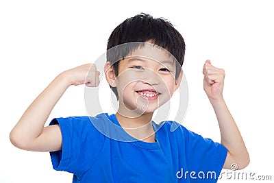 Asia little boy flexing biceps Stock Photo