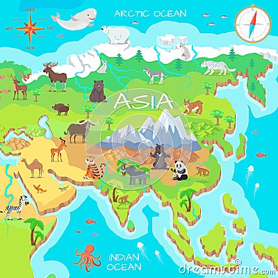 Asia Mainland Cartoon Map with Fauna Species Vector Illustration