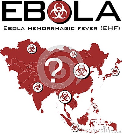 Asia map with ebola text and biohazard symbol Vector Illustration