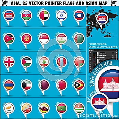 Asia Map and flags Pointer Icons set2 Vector Illustration