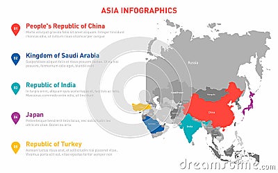 Asia map infographic template. Vector map with Asian countries and borders. World business infographic template for data, Vector Illustration