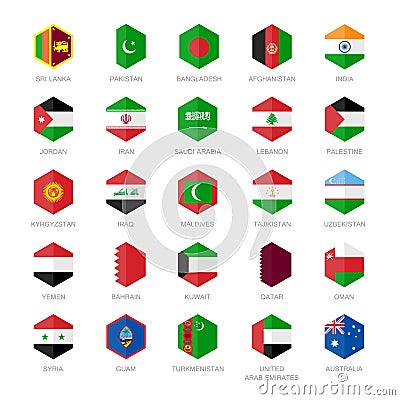 Asia Middle East and South Asia Flag Icons Hexagon Stock Photo