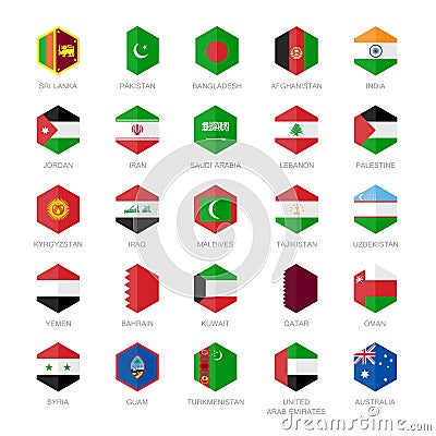 Asia middle east and south Asia Flag Icons. Hexagon Flat Design. Vector Illustration