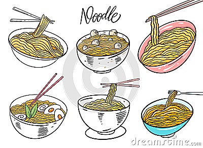 Asia Noodle hand drawn vector illustration set. Isolated on white background. Cartoon style. Vector Illustration