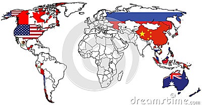 Asia-Pacific Economic Cooperation territory on world map Cartoon Illustration