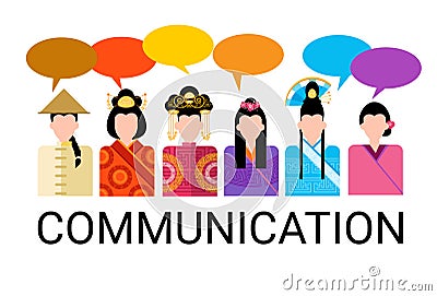 Asia People Group Chat Bubble Communication Concept, Asian Talking Chinese Man Social Network Vector Illustration