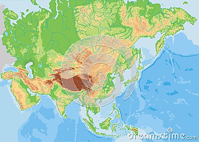 High detailed Asia physical map. Vector Illustration