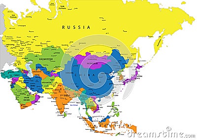 Colorful Asia political map with clearly labeled, separated layers. Vector Illustration