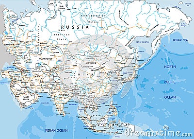 Asia physHigh detailed Asia road map with labeling. Vector Illustration