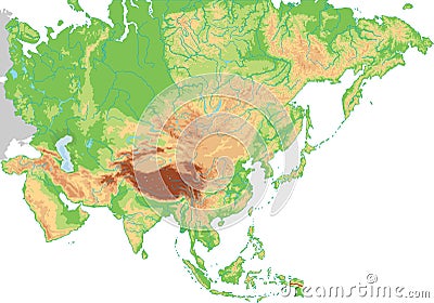 High detailed Asia physical map. Vector Illustration