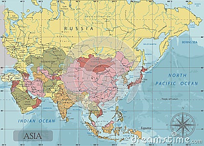 Detailed Asia Political map in Mercator projection. Clearly labeled. Separated layers. Vector Illustration