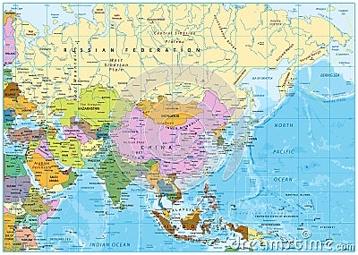 Asia political map Vector Illustration