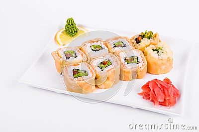 Asia. Rolls on a white plate on a white background Stock Photo